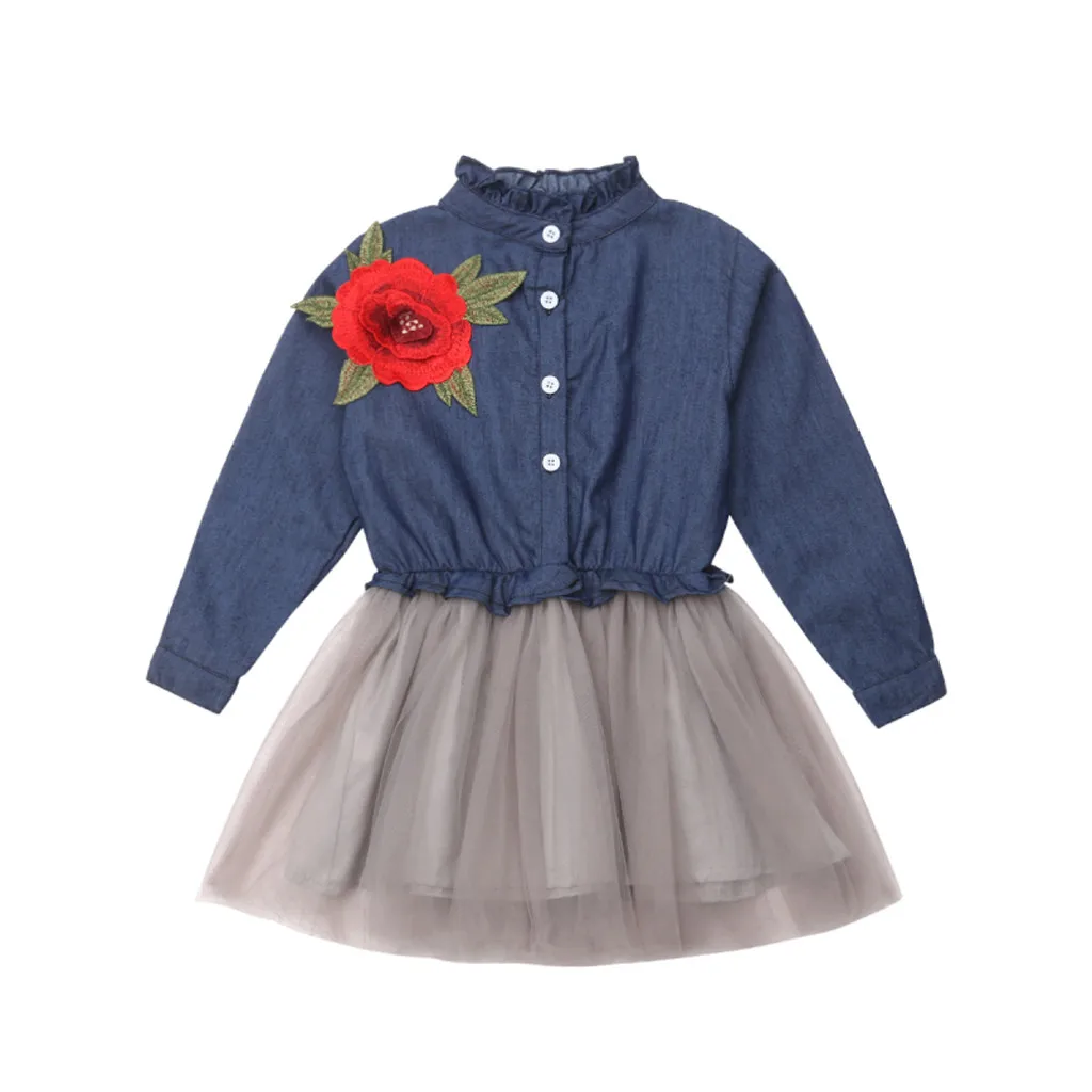 

TELOTUNY girls dress long sleeve ruffle Toddler Kids Baby Girl Flower Denim Mesh Patchwork Tulle Princess Dress Clothes G 32 130