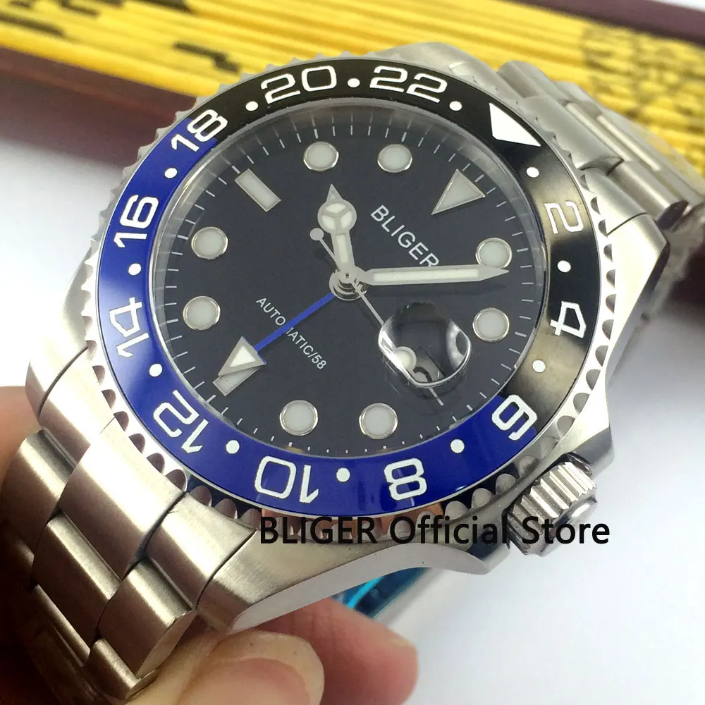 

Sapphire Crystal BLIGER 40mm Black Dial Blue Black Ceramic Bezel GMT Function Luminous Marks Automatic Movement Men's Watch B329