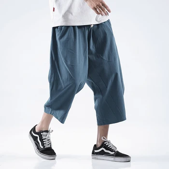 

Capri Pants Mens Calf Length Harem Relaxed Fit Solid Trousers Wide Leg For Man Summer Japanese Style Clothing Plus Size