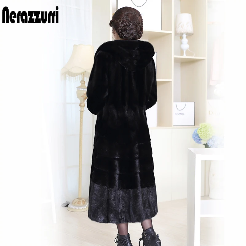 

Nerazzurri Hooded Women Real Mink Fur Coat China Long Black Genuine Natural Russian Mink Coats Plus Size 5XL 6XL 2019 New Winter