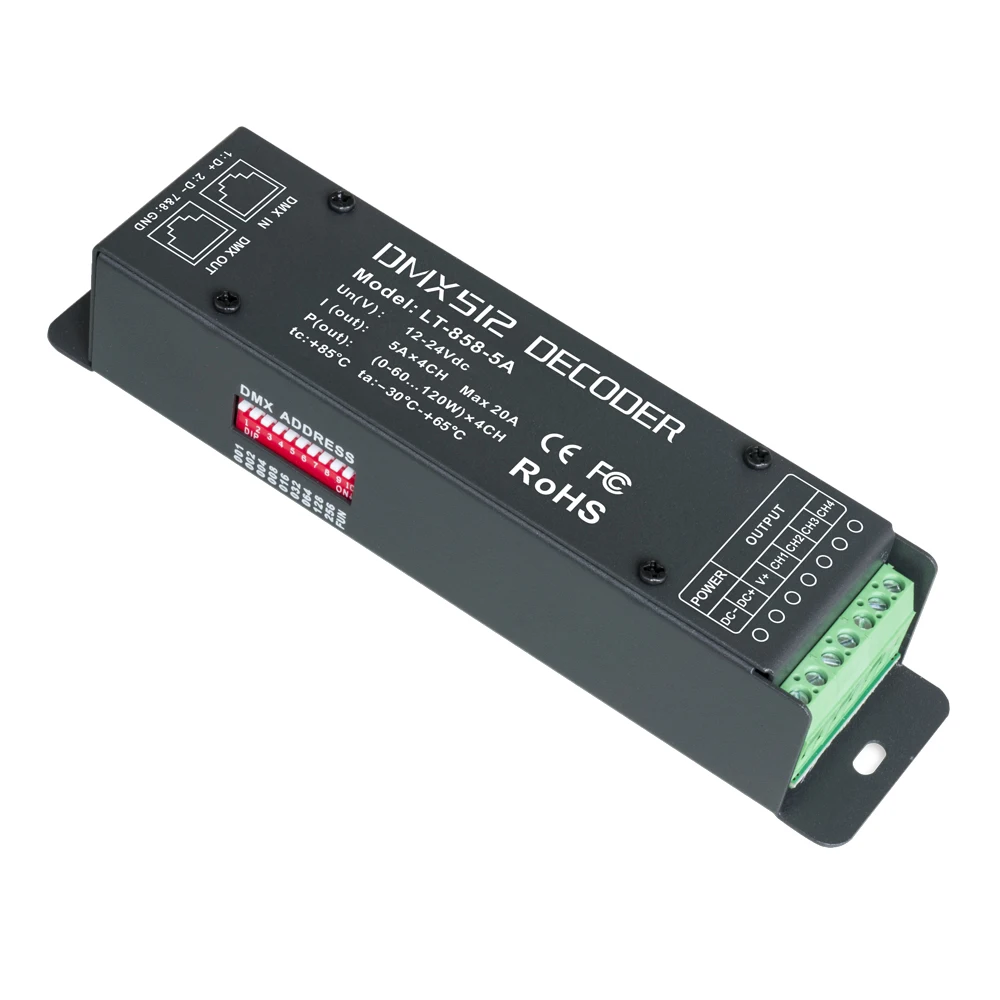 LT-858-5A DMX декодер 4CH CV RGBW полосы использования; DC12-24V в 5A* 4CH Max 20A RJ45 выход 0- яркость различные изменения