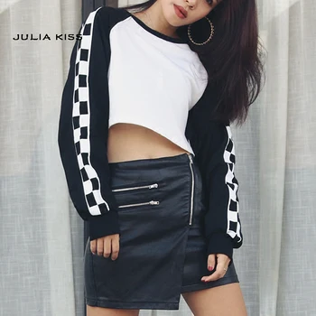 

Women Contrast Checked Sleeve Crop Sweatshirt Sexy Raglan Sleeve Crop Top