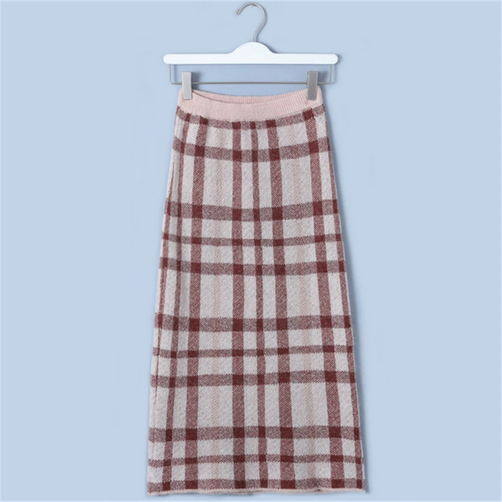 

Tunjuefs Vintage Plaid Skirt Runway 2019 New Autumn Striped Skirt Women Knit Skirt Winter Elastic Waist A-Line Skirt Geometric