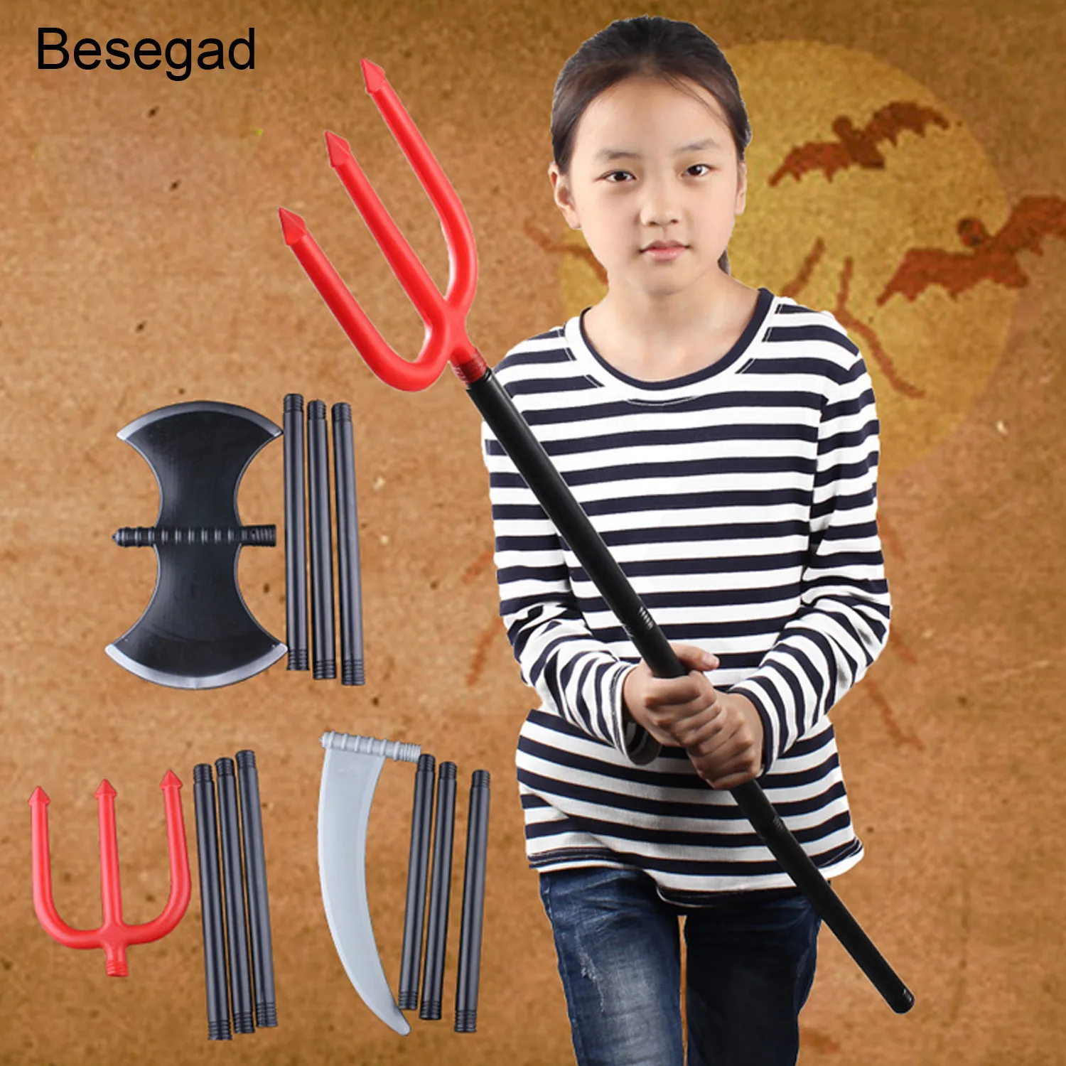 

Besegad 3PCS Adjustable Realistic Plastic Devil Weapons Set with Scythe Cattle Fork Axe for Halloween Party Carnivals Props