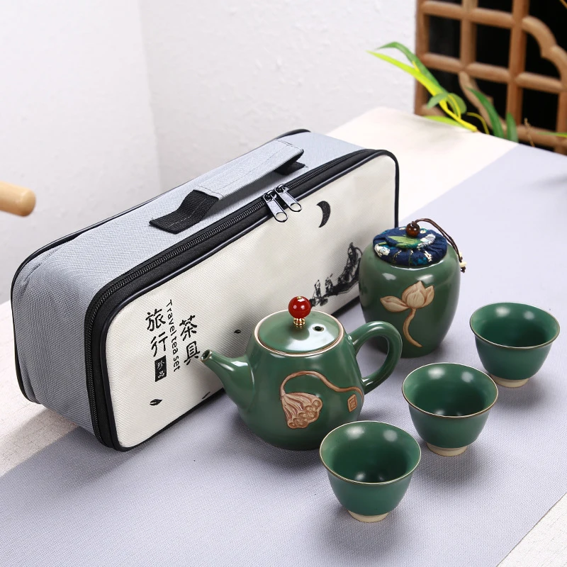 Portable Chinese Tea Set Ceramic Teapot Leaves Jar 3 Porcelain Tea Cups with Carrying Case YU-Home