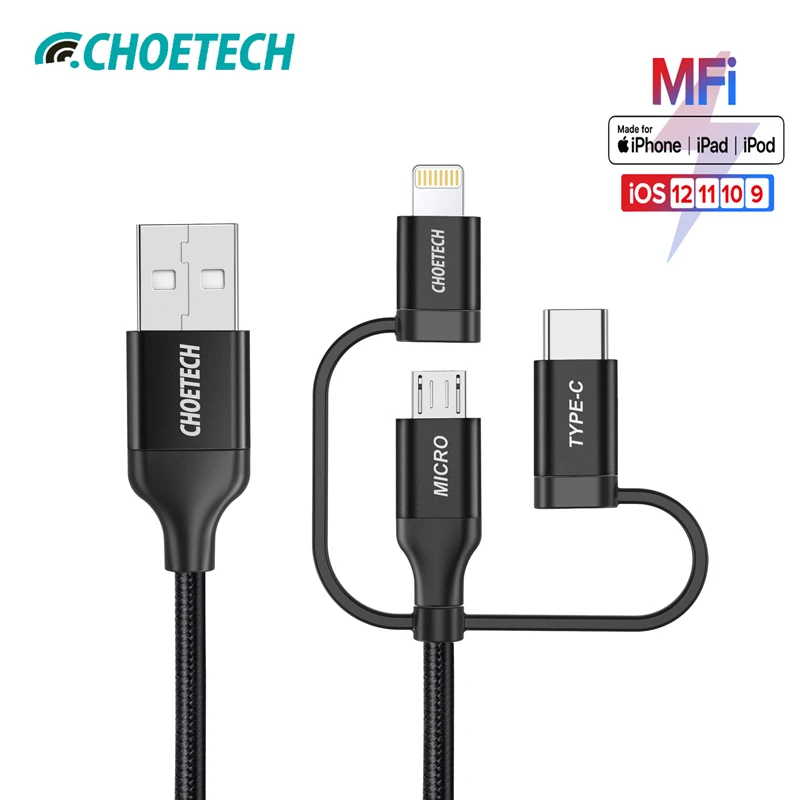 

CHOETECH 3 in 1 MFi USB Cable for iPhone Fast Charging Micro Type C Cable for Redmi Note7 Sumsung Huawei