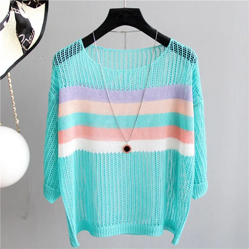 

Colorful openwork striped new ice silk sweater loose retro wind pullover thin T-shirt sun protection clothing knit top summer