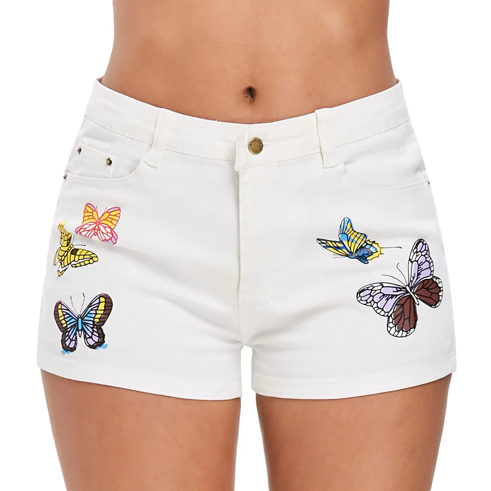 Kenancy Zipper Fly Butterfly Print Denim Shorts High Waist Shorts Women