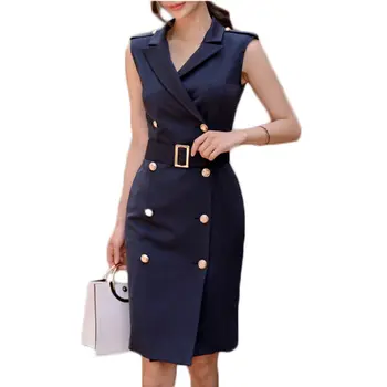 

2019 Summer Office Lady Dress V-neck Korean Double Button Slim Bodycon Pencil Dresses Elegant Fashion Vestido OL Work Dress f553