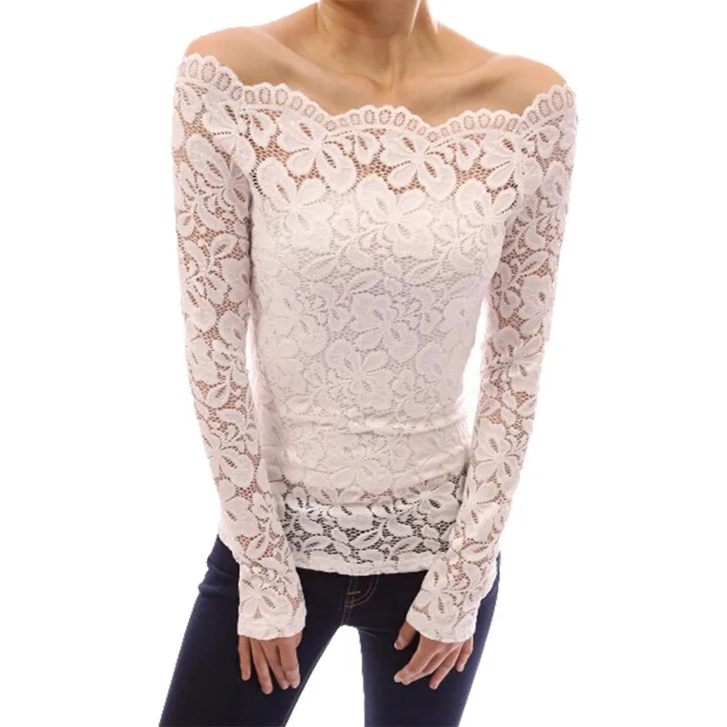 

Laamei Sexy Off Shoulder Slash Neck Tops Tee Female Autumn Bodycon Tops Plus Size Hollow Out Lace Women Long Sleeve T-Shirts