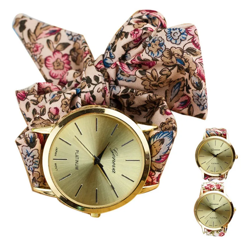 

Hot Fashion Casual Unique montre femme 2019 watches women dress Golden Case Flower Allover Cloth Band Wrist Watch Relogio clock