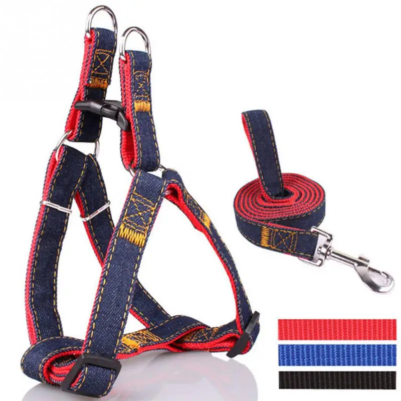 Colorful Jean Denim Leash Harness Dog Collar Chain Cat Rope Belt