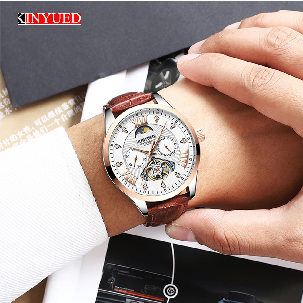 

KINYUED Men Watch Mechanical Wristwatches Automatic Tourbillon Business Top Luxury Moon Phase Sports Watches Horloges Mannen