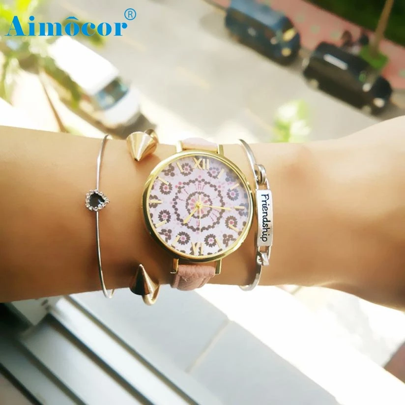 

Hot Sales 2017 Fashion Women Floral Pattern Leather Band Analog Quartz Wrist Watch Caserelogio masculino relogio feminino Gift