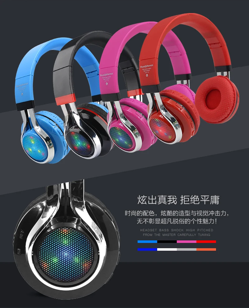 LED Light Glowing Stereo Casque Audio Bluetooth Headphone Wireless Big Headset Sport Earphone Mic TF FM For PC Phone