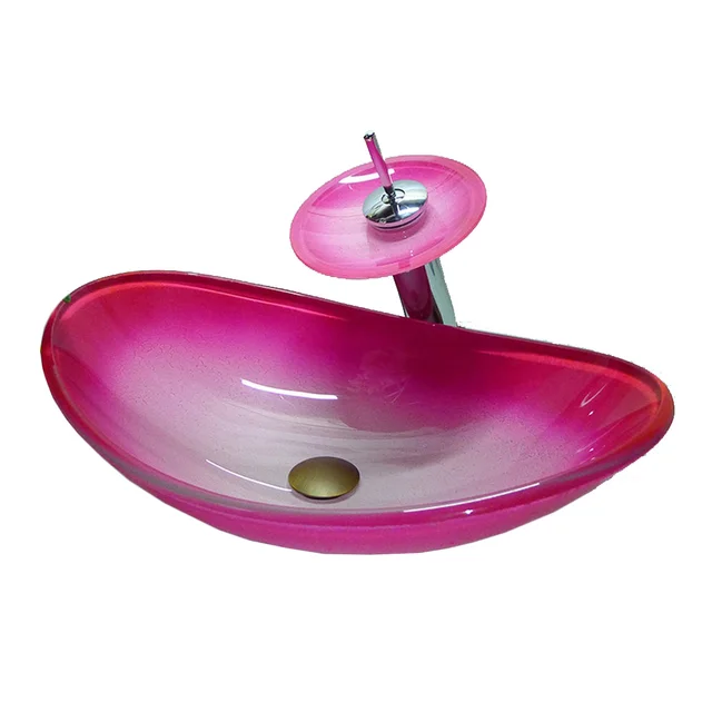 Tempered glass wash basin pink above counter basin oval round art basin wash basin bathroom