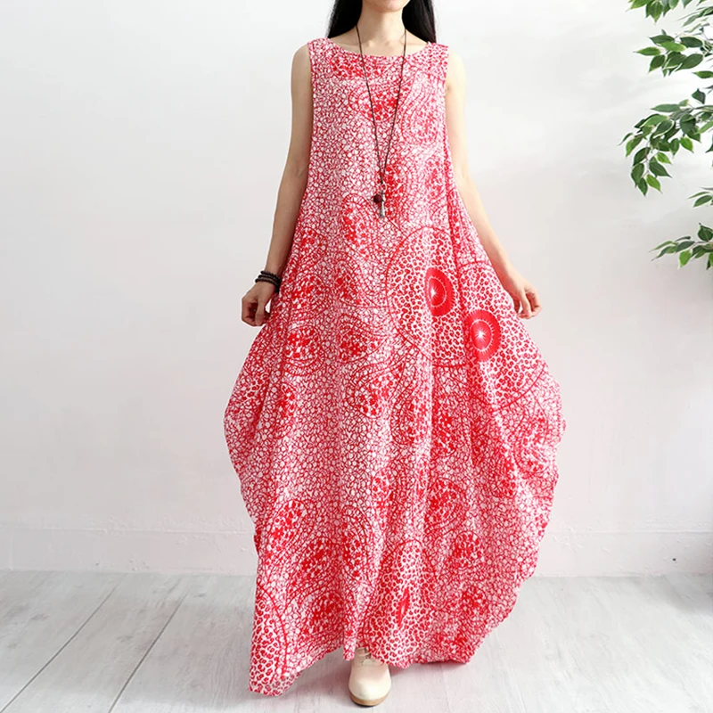 ZANZEA, женский летний сарафан, Женское Платье макси с принтом, женское платье без рукавов, длинное платье размера плюс, женское платье, вечерние платья 5XL - Цвет: Красный