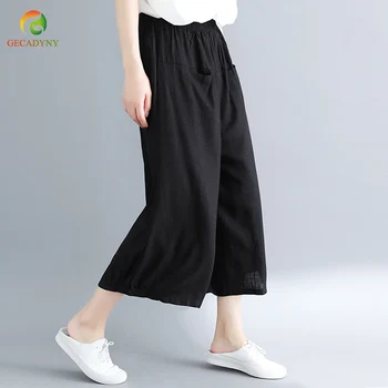 

Summer Baggy OL Work High Waist Trousers Women Cotton Linen Wide Leg Pants Capris Casual Loose Pantalon Female Big Size