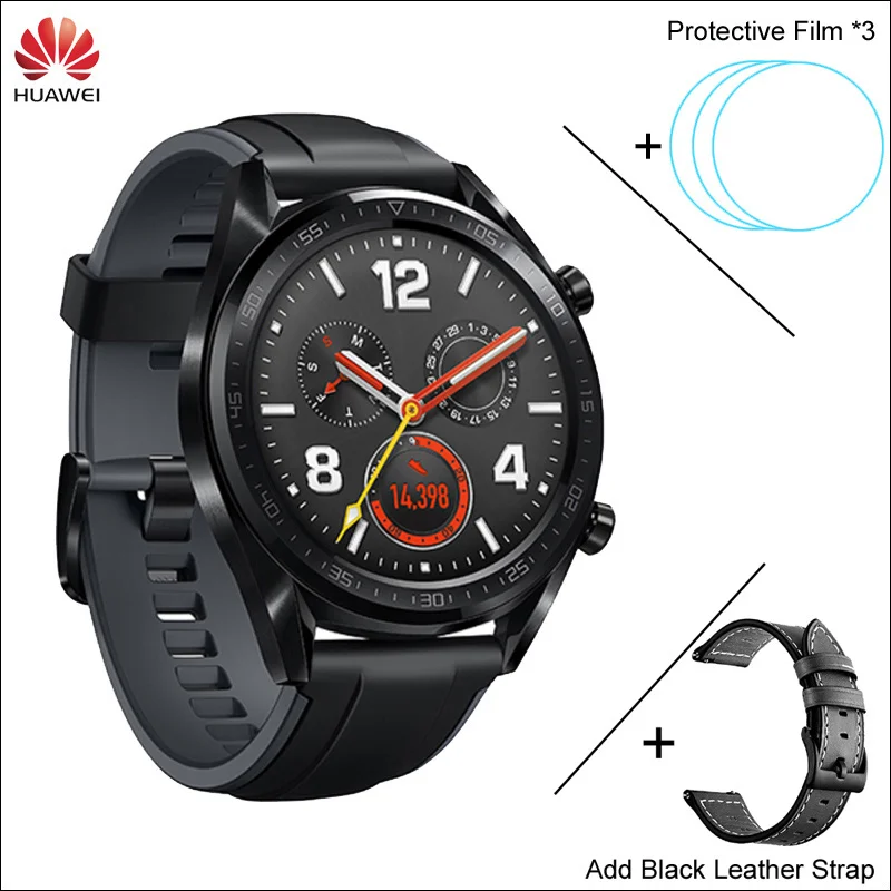 Huawei Watch GT Смарт часы Поддержка gps NFC 14 дней Срок службы батареи 5 атм водонепроницаемый телефонный Звонок трекер сердечного ритма для Android iOS - Цвет: SBLK n Flm n Strap B