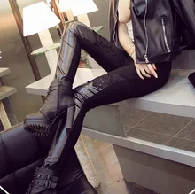 3xl plus size pants women spring autumn 2016 bermuda feminina black lace stitch leather leggings velvet pants female A1358