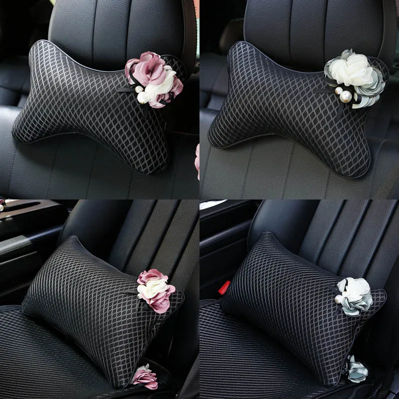 

Pearls Iris Flower Car Headrest Pillow Ice Silk Diamond Check Neck Pillows Waist Supports For Women Girls Auto Accessories