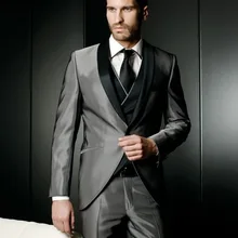 Последний дизайн серый атлас смокинг жениха Черная шаль лацкан приталенный Блейзер мужское платье для свадьбы выпускного костюмы(куртка+ брюки+ жилет