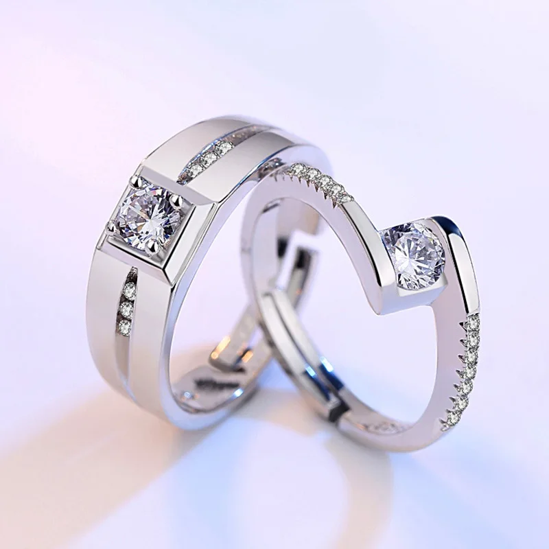 Crazy Feng 2PCS CZ Crystal Engagement Ring For Women Men Silver Color Adjustable Geometric Zirconia Couple Rings Wedding Jewelry