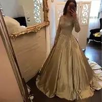 ローブ · デ · バル寝ゴールドウエディングドレスロング 2018 ファクトリーカスタムメイドプラスサイズサテンロングスリーブパーティードレス