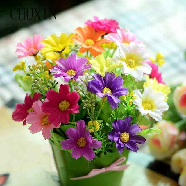 

HI-Q NEW 1 Set Mini Cute Iron Vase + Silk Flowers Artificial Flower Set Home Decoration Mini Bonsai Flores Artificiales
