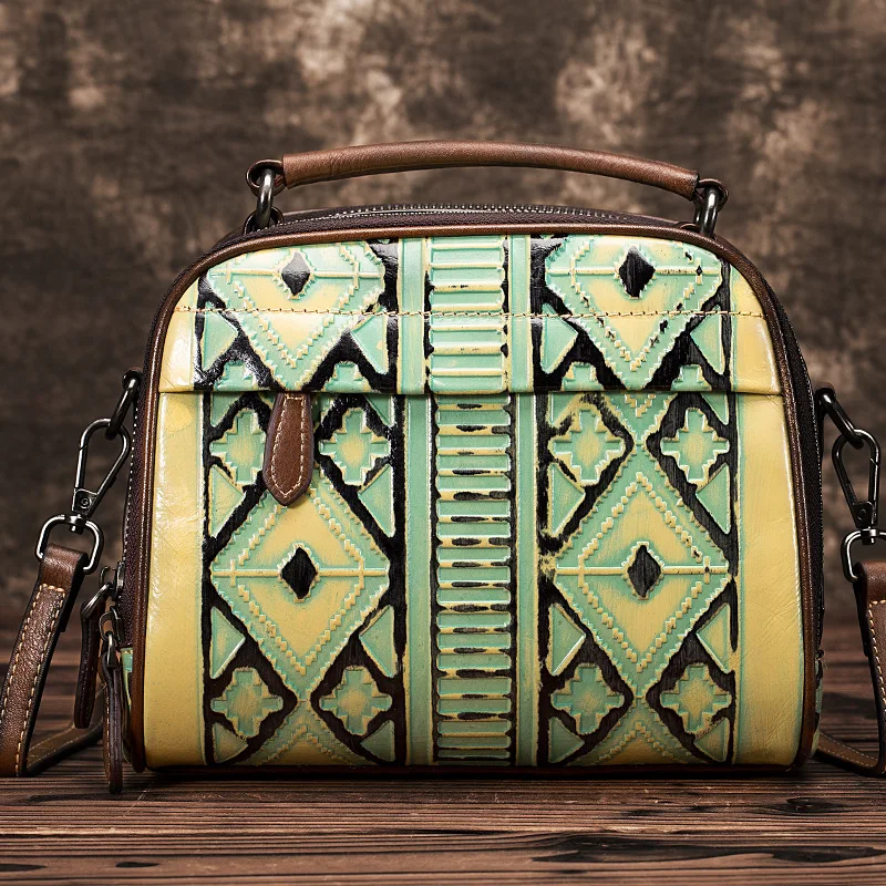 

Real Cowhide Women Cross Body Messenger Shoulder Bags Tote Handbag National Style Retro Genuine Embossed Leather Top Handle Bag
