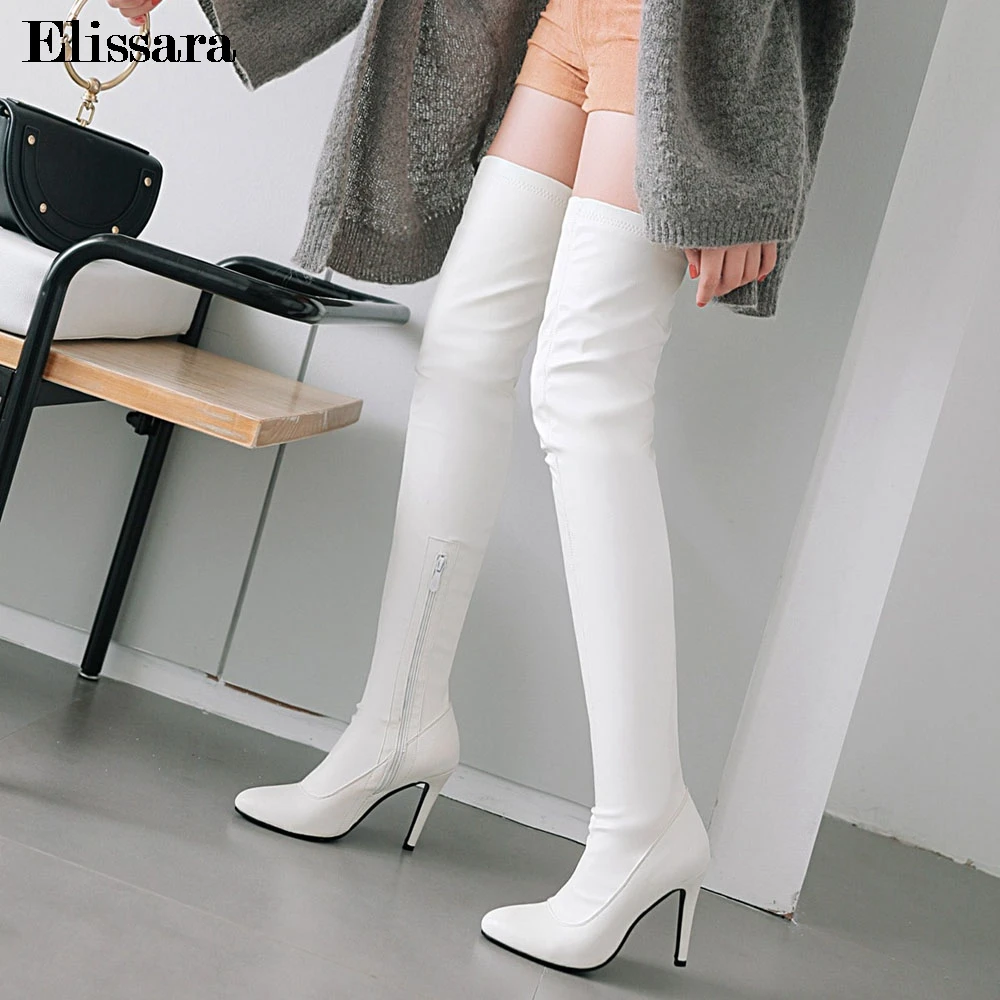 

Women High Heels Winter Over Knee Boots Ladies Zip Sexy Pointed Toe Black Heel Nightclub Long Boots Shoes Size 33-47 Elissara