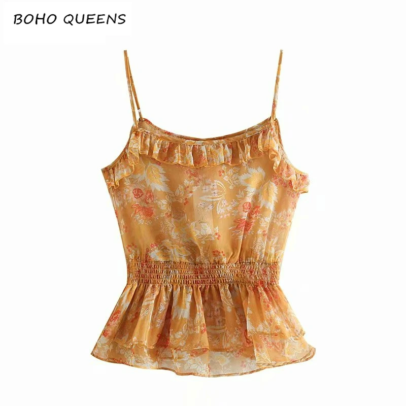 

Vintage chic Summer women floral print beach sleeveless crop tops bohemian chiffon vest short version camis ruffles female