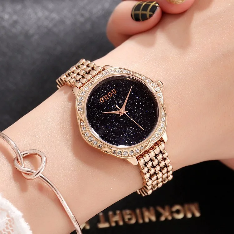 Модный чехол с лепестками, черные женские наручные часы со звездным циферблатом, наручные часы с ремешком из розового золота и стали, кварцевые женские часы relojes para mujer