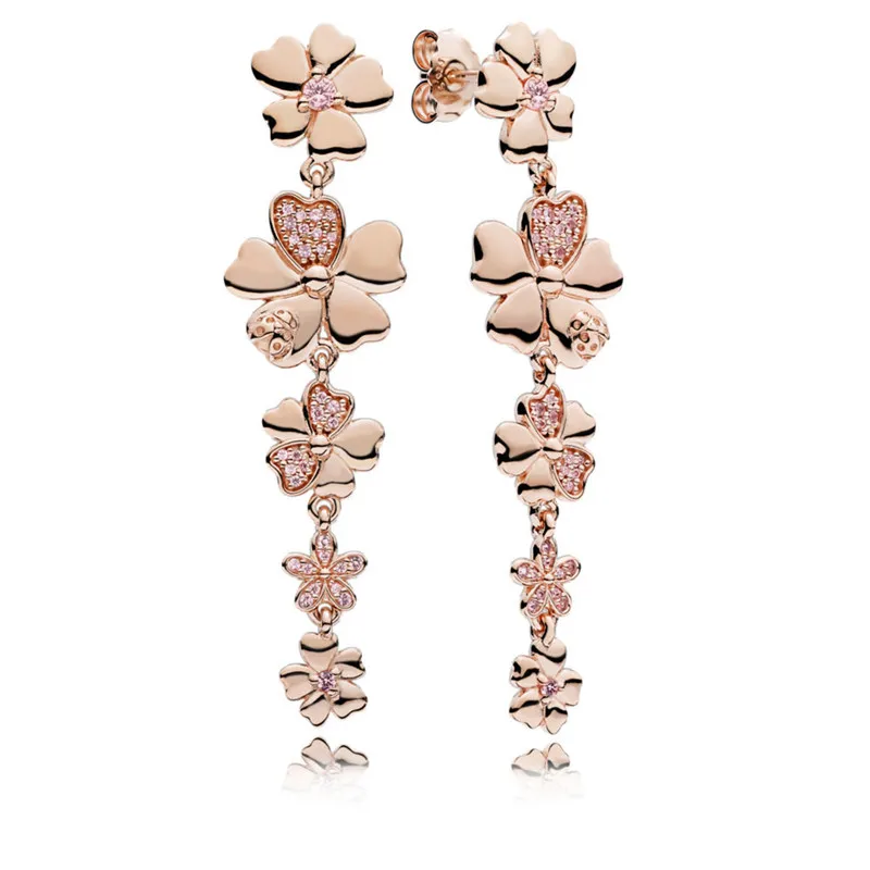 

925 Sterling Silver Pandora Earrings For Women Rose Gold Wildflower Meadow Hanging Earrings Fine Original Europe Jewelry Gift