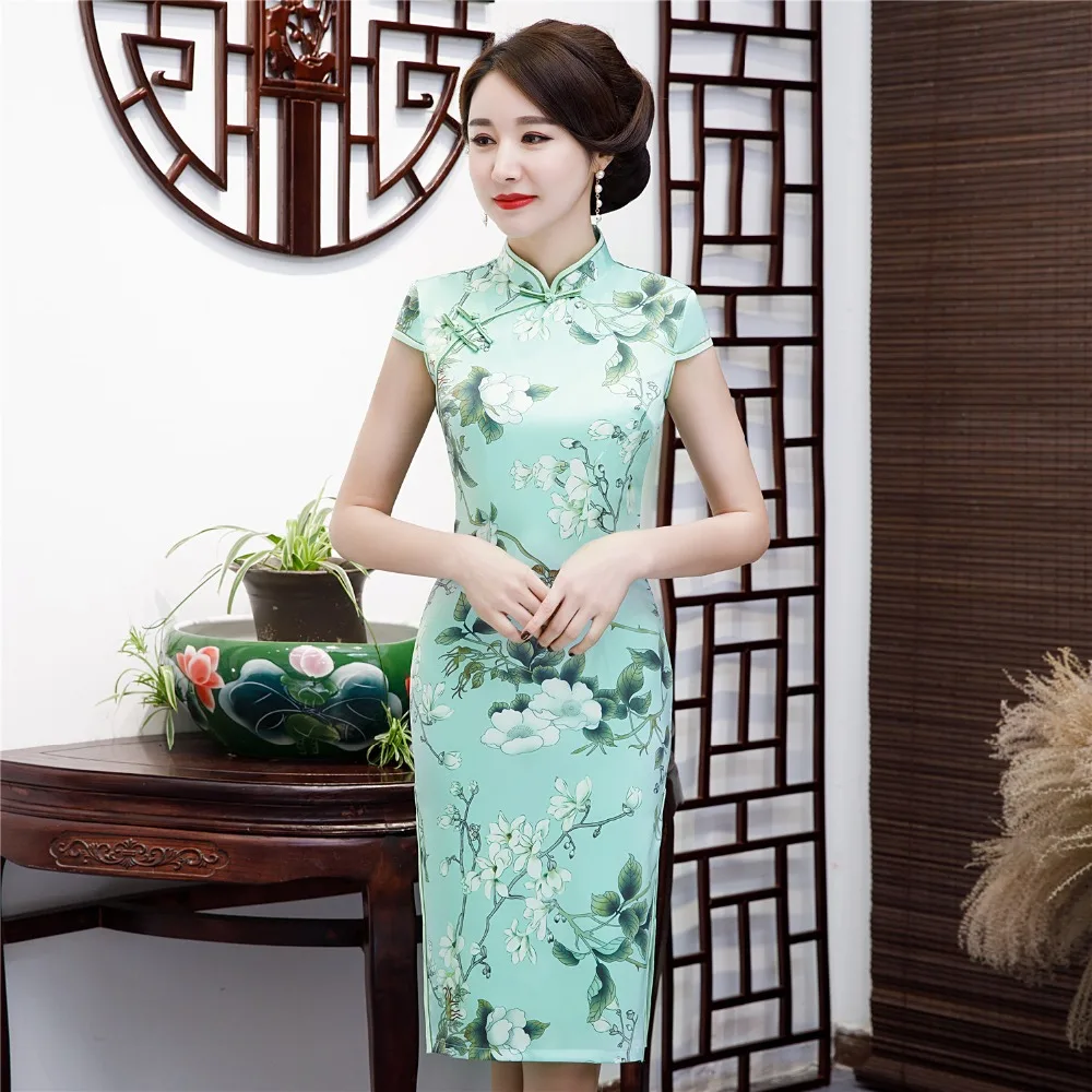 Шанхай история из искусственного шелка Qipao китайское традиционное платье китайская женская одежда по колено Cheongsam