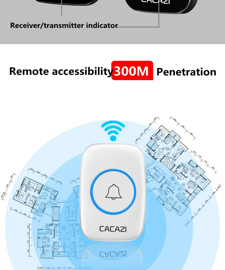 CACAZI водонепроницаемый беспроводной дверной звонок 300 м дистанционный звонок EU/UK/US/AU штекер умный дверной звонок 220 В 1V2 кнопки 1V2 приемники