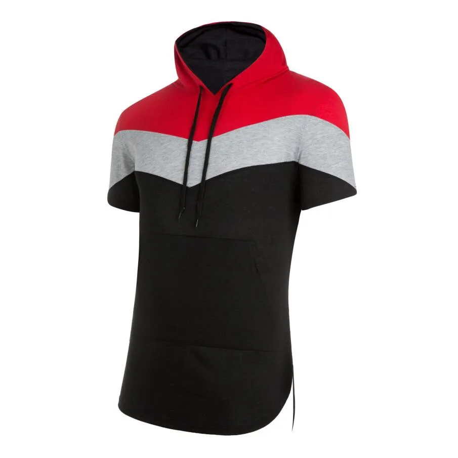 2019 summer new European and American fashion tri-color stitching men's T-shirt hoodie sports brand clothing men's hooded shirt