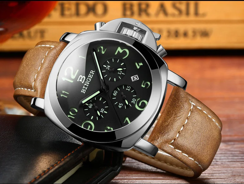 New BINGER Luxury Brand Quartz Watches Men analog chronograph Clock Men Sports Military Leather Strap Fashion Wrist Watch