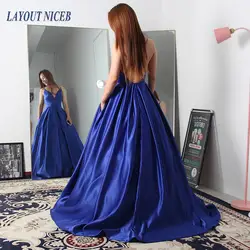 WY18 синий спинки трапециевидной формы V образным вырезом на заказ вечерние платья 2019 без рукавов Атлас Vestido de noiva халат