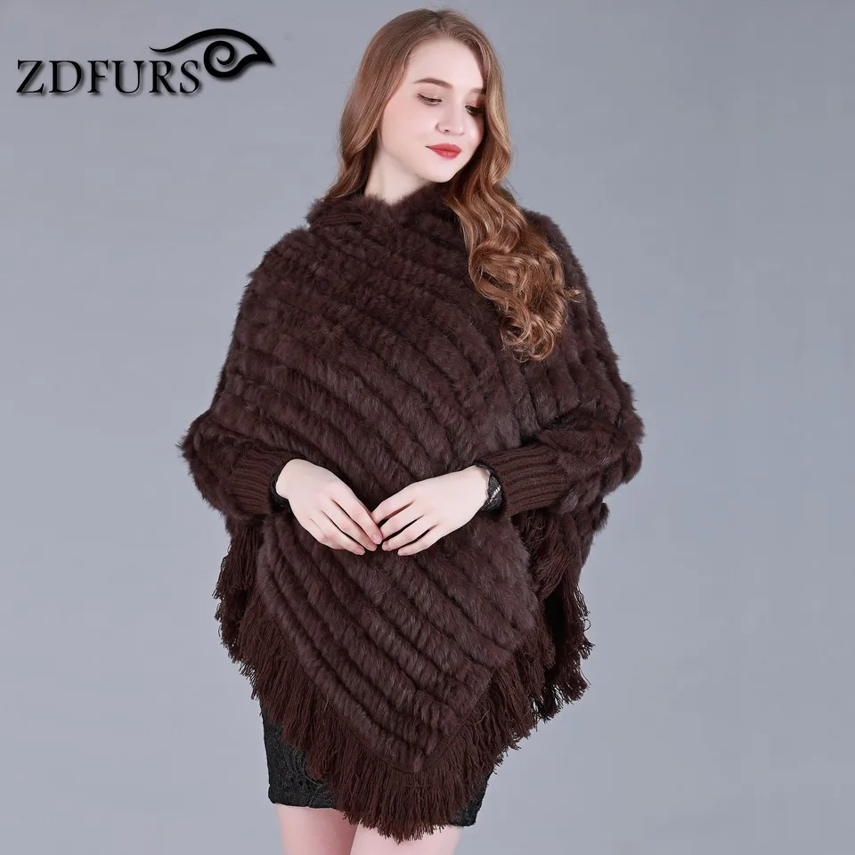 ZDFURS * ОРИГИНАЛЬНОЕ Вязаное пончо из кроличьего меха с капюшоном и кисточкой