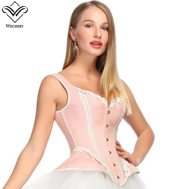Wechery викторианские винтажные корсеты для похудения талии тренера размера плюс женские стимпанк цветочные Корсеты Корсет Бюстье кружевные топы - Цвет: Розовый