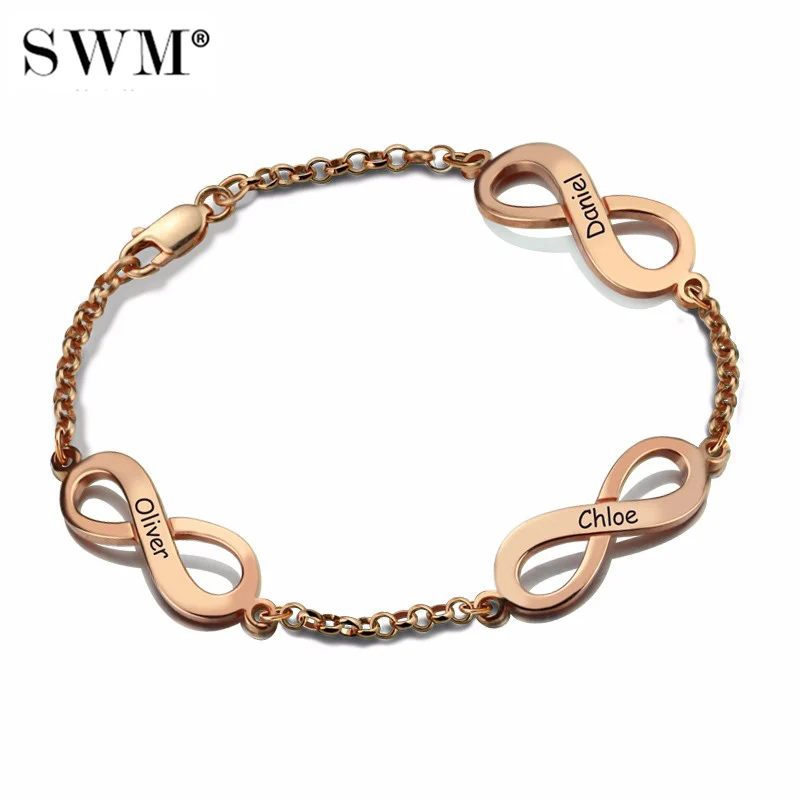 

Women's Infinity Pendant Bracelet Custom Name Letter Bracelets Handmade Rose Gold Jewelry with Triple Kids Names Gift to Mom