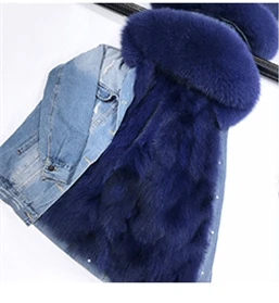 Зимняя куртка, пальто, женская белая джинсовая куртка, настоящий большой воротник из лисьего меха, с капюшоном, с подкладкой из кроличьего меха, свободная куртка, корейский бренд - Цвет: blue coat blue fur