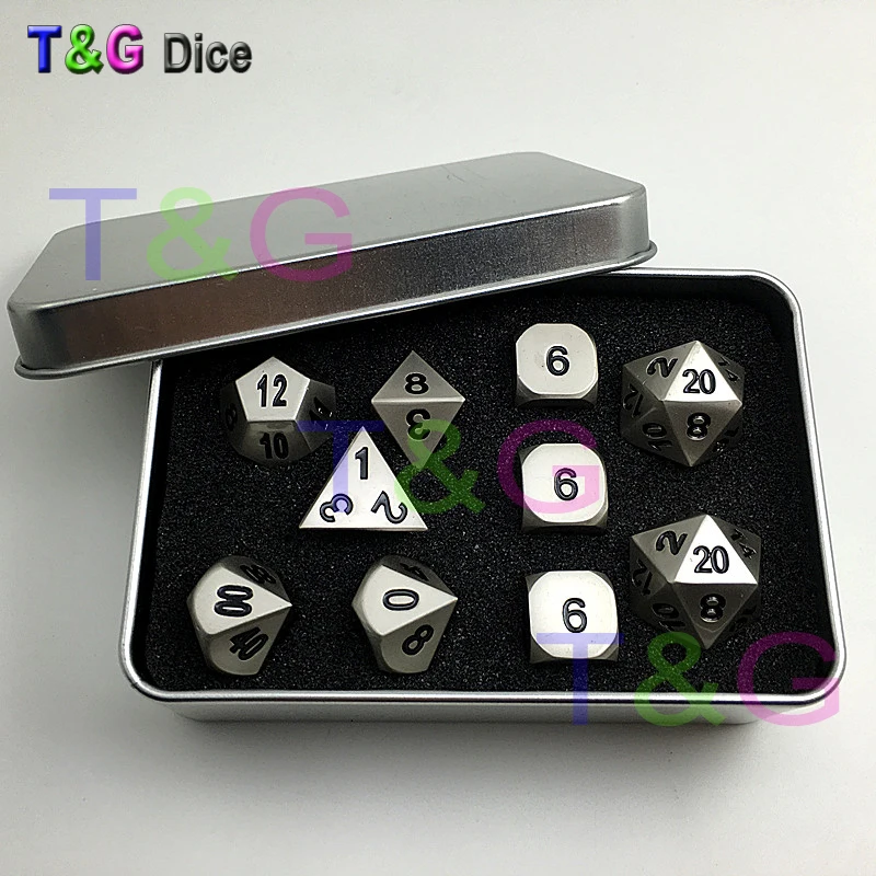 

10pcs/set Zinc Alloy Dice with Pearl nickel plating d4 3xd6 d8 d10 d12 2xd20 with Iron Box for Birthday Party Toy Gift