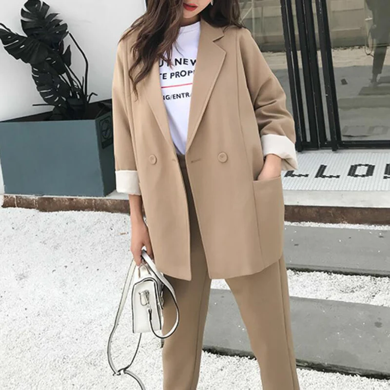 

2019 Spring Leisure Suit Set Women's FashionOversized Long Blazer High Waist Ankle Length Straight Pants Korean Two Piece Set