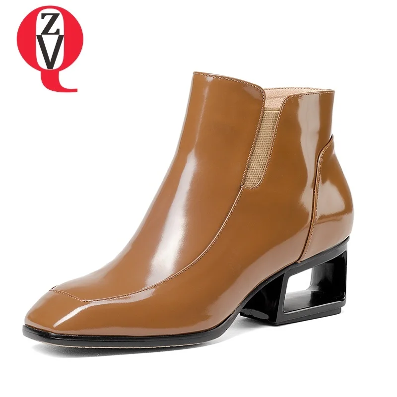 

ZVQ newest hot sale fashion square toe patent leather booties high fretwork heels big size high quality women winter warm boots