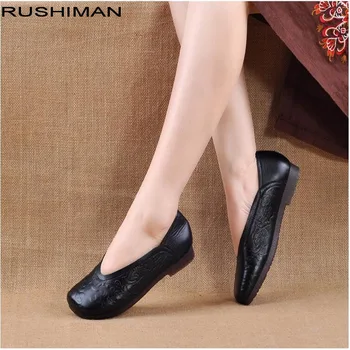 

2019 spring retro national wind printing shoes Genuine Leather flat comfortable non-slip literary shoes Peas Loafer Flats