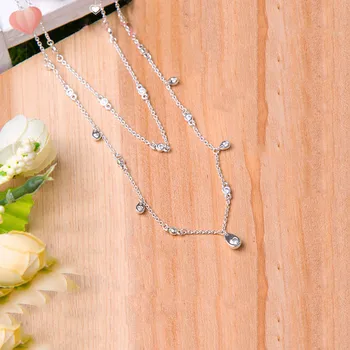 

925 Sterling Silver Chandelier Droplets Adjustable Long Necklaces for Women Jewelry Combine Two Chains With Clear CZ