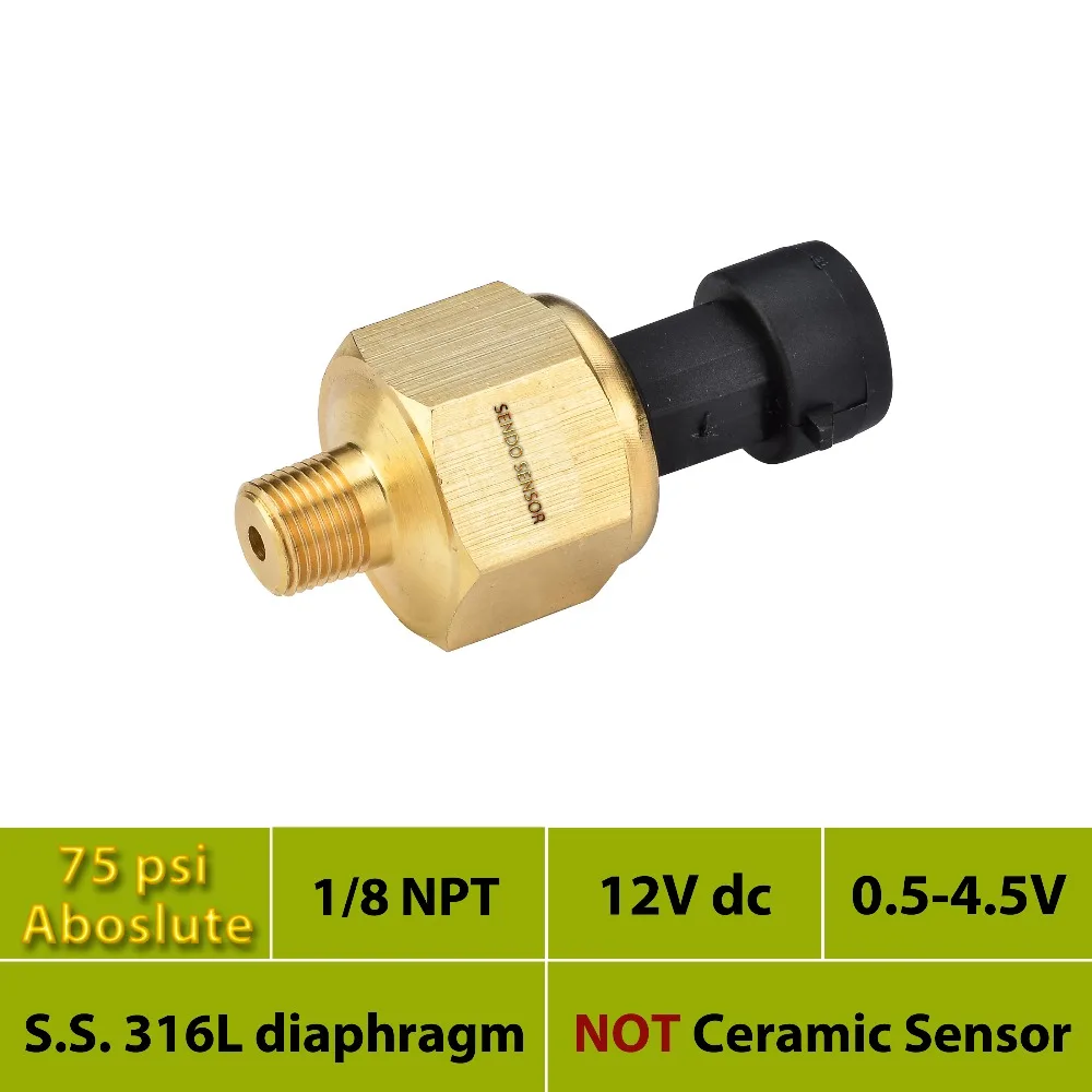 car fuel pressure transducer, 75 psi absolute, 12V 24V DC supply, 0.5 to 4.5V output, stainless