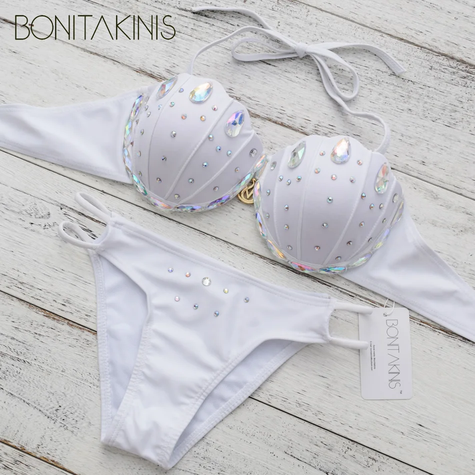 Bonitakinis Brand Diamond Swimsuit Shine Push Up Rhinestone Swimwear Crystal Bikinis Set Mermaid Women Bodysuit Bathing